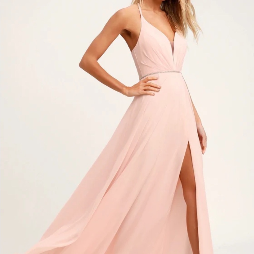 Lulu's “She’s Gorgeous” Blush Pink Maxi Gown with Slit and Plunge Neckline